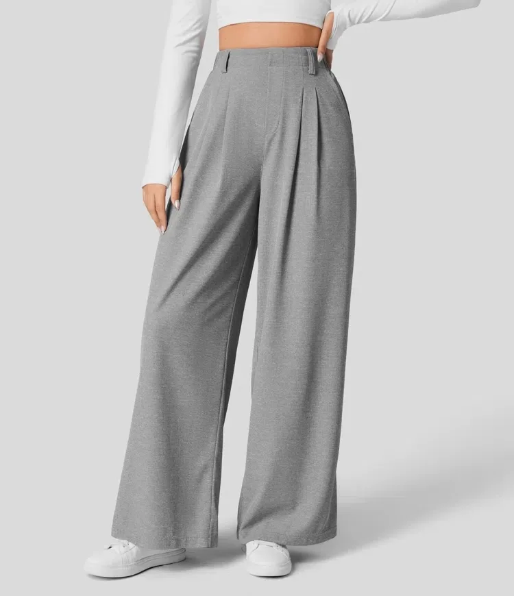 

Women's High-Waisted Wide Leg Casual Pants - Draped Waffle Fabric, Loose-Fit & Versatile Style