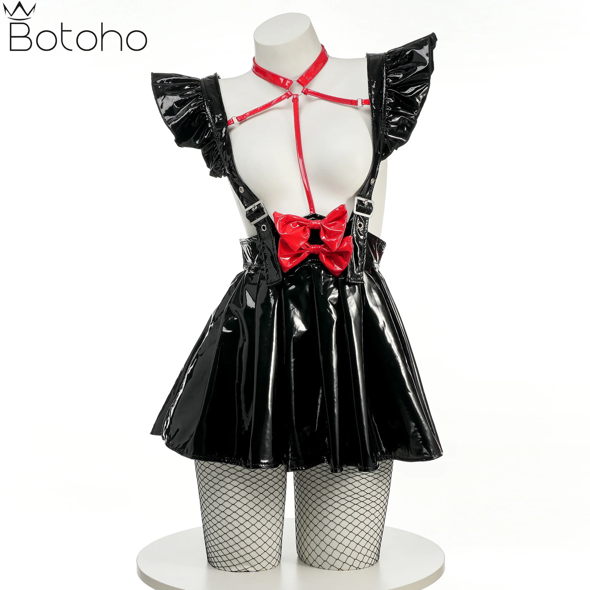 

Anime Maid Cosplay Costume Women Sexy Black Leather Hollow out Dress Sexy Lingerie Bunny Girl Nightwear Halloween Party Clohtes