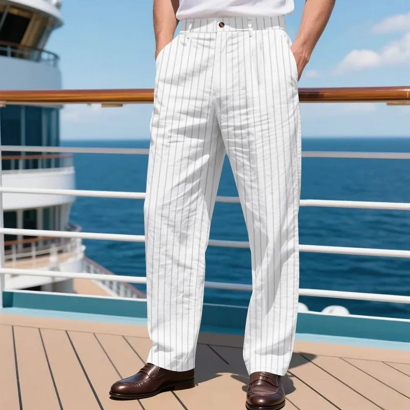 Men's American Retro Striped Linen Pants Summer Breathable Casual Straight Trousers Vacation Beach Daily Outdoor Street Pants