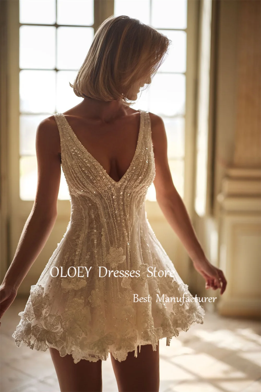 OLOEY 2025, luxuriöses, kurzes Hochzeitskleid mit Perlen, Fotoshooting, V-Ausschnitt, Mini-Brautkleid, ärmellos, Reißverschluss hinten, individuelles formelles Partykleid