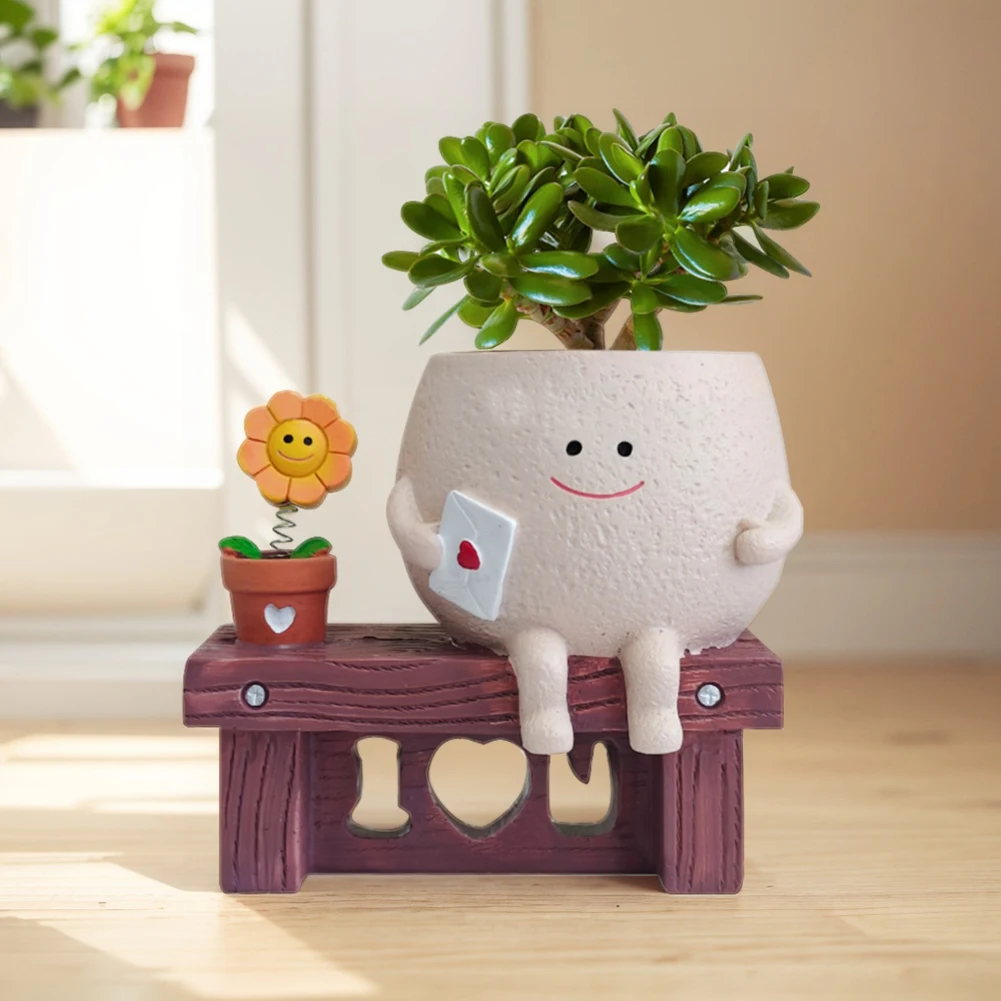 Smile Face Planter Pot Resin Smiley Face Sunflower Pot Unique Sit Long Chair Succulent Pots for String of Pearls Plant