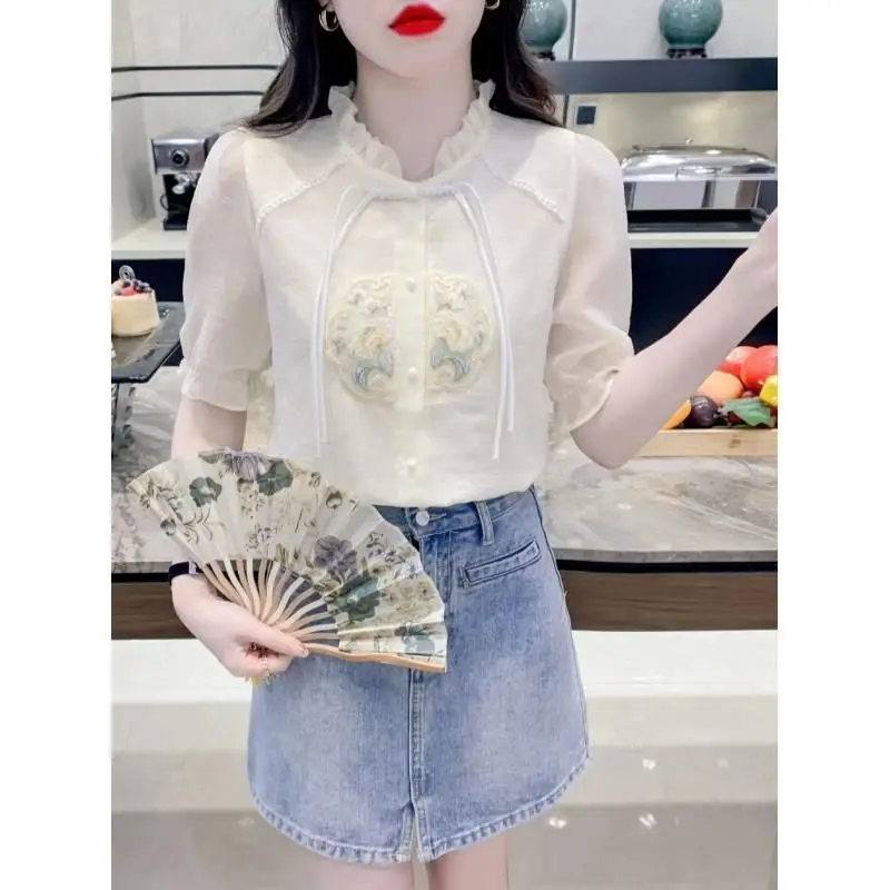 Nationalen Stil Bestickt Kurzarm Shirt frauen Sommer Neue Mode Elegante Slim Fit Neue Chinesischen Stil Top