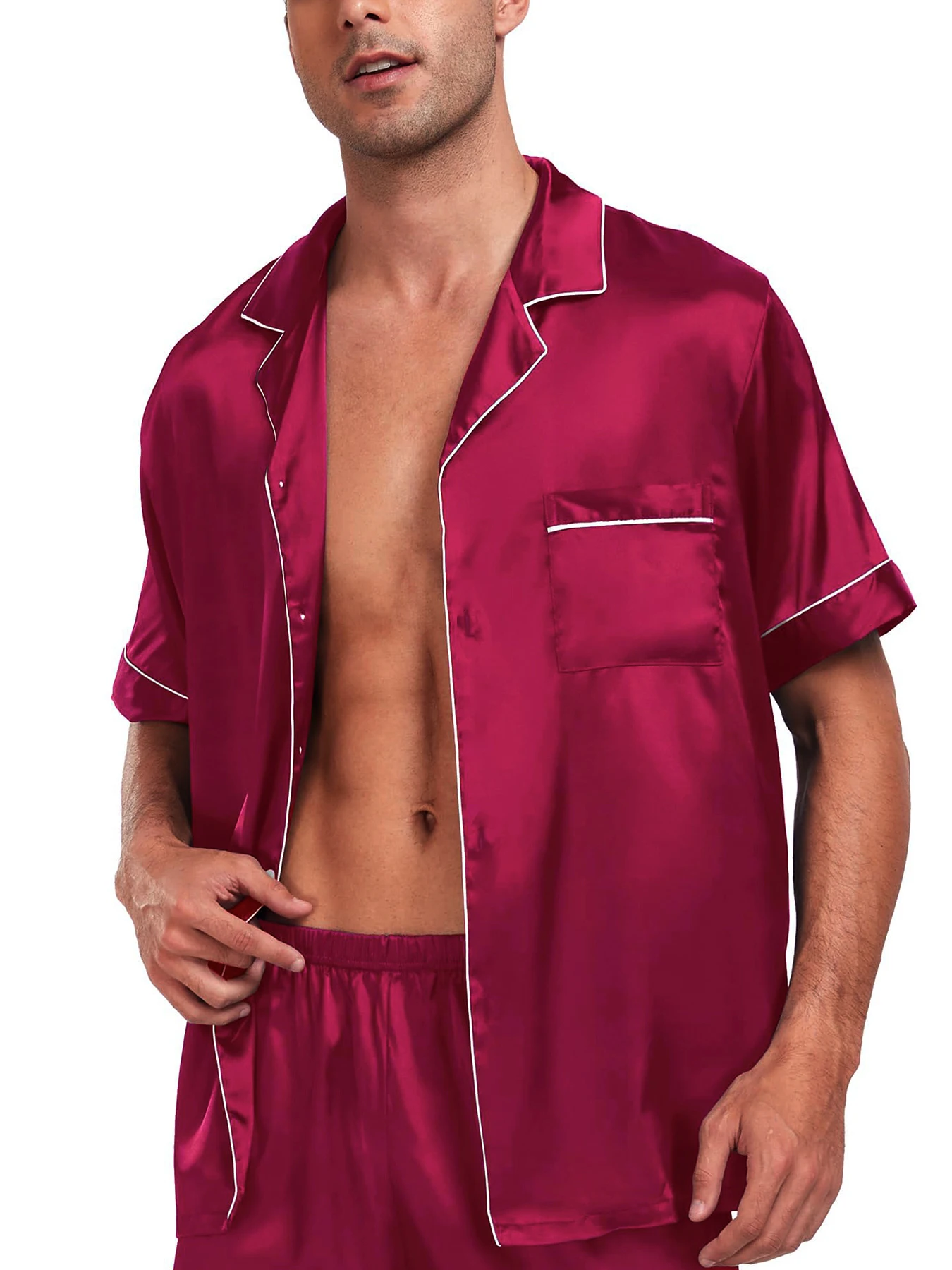 2-teiliges Pyjama-Set aus seidigem Satin für Herren, kurzärmeliges Hemd mit Revers, Brusttasche und Shorts, glatte Haptik, weiche Nachtwäsche, gemütliche Nachthemden – Detail 16