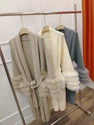 2024 New Spring Autumn Women's Real Fox Fur Knitted Coat Fox Fur Collar Special BeltSweater Femeale Luxury Coat Long Sleeves