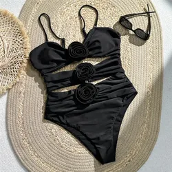 Sexy Black Hollow Out Swimsuit Women One Piece Swimwear 2026 3D Flower Bandeau Monokini Swimming Bathing Suit Wear Beachwear