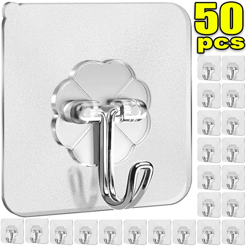 5/50pcs Transparent Stainless Steel Strong Self Adhesive Hooks Key Storage Hanger for Kitchen Bathroom Door Wall Multi-Function