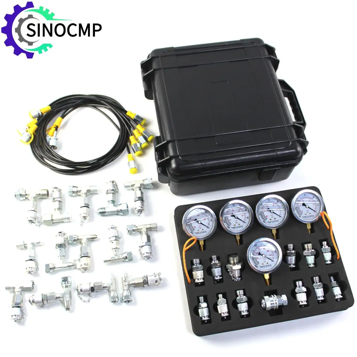 

1 комплект комплекта для проверки гидравлического давления с 5 манометровыми 5 тестовыми шлангами, 13 муфт и 14 тройниками, комплект гидравлического тестового манометра, измерительный комплект