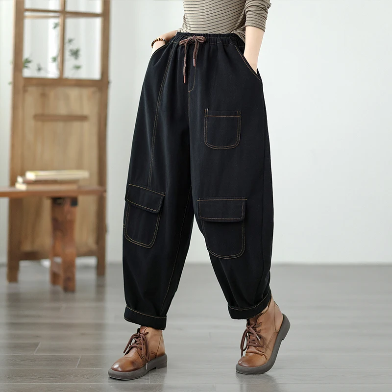 Casual Patchwork Elastic Waist Harlan Pants Multi ket  Color Long Trousers Large Size Loose Fit Cotton Blend Jeans