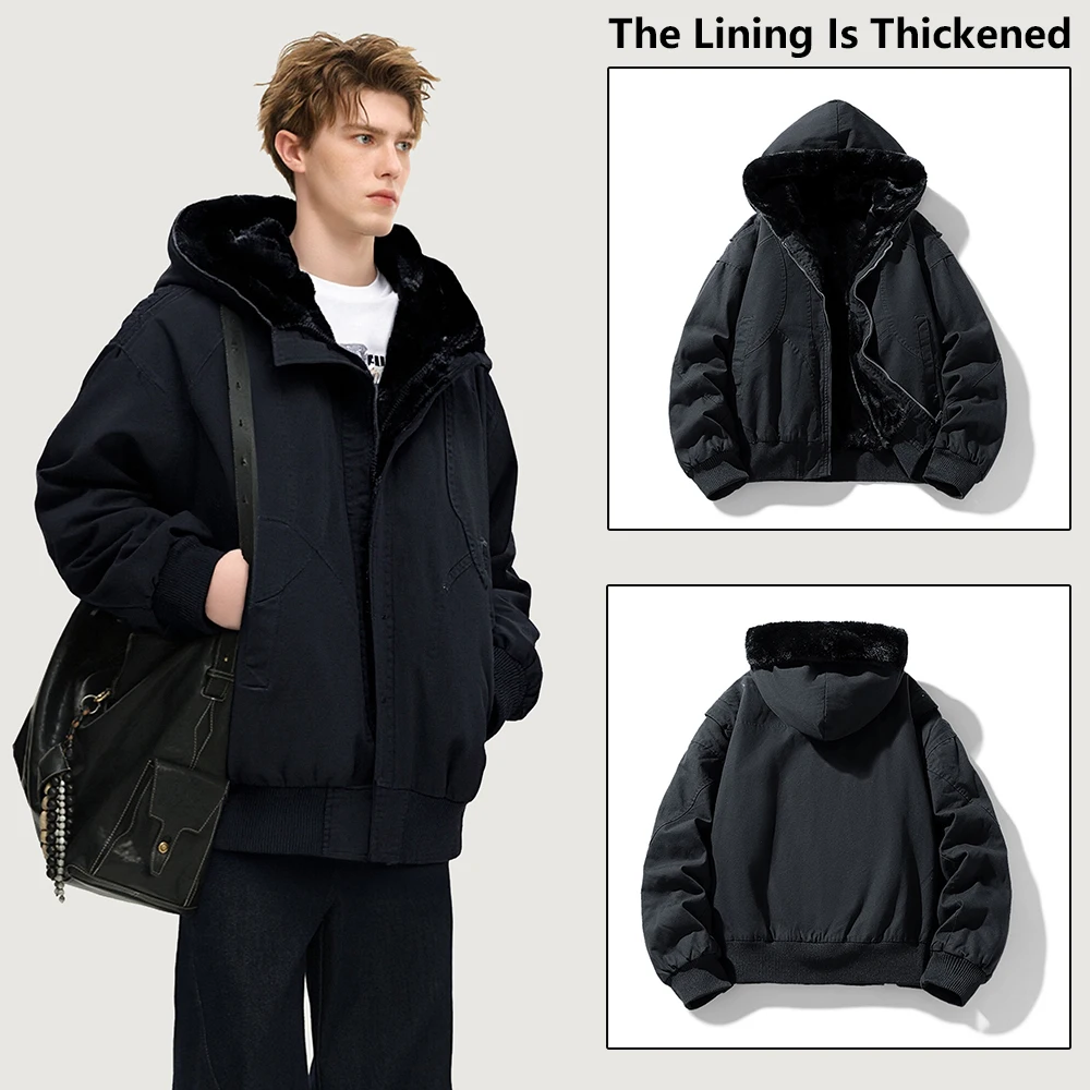 

Men's Fashion Casual Thickened Warm Windproof Hooded Jacket Winter Thick Hoodie Coat Retro Thermal Jackets Loose Men Clothes
