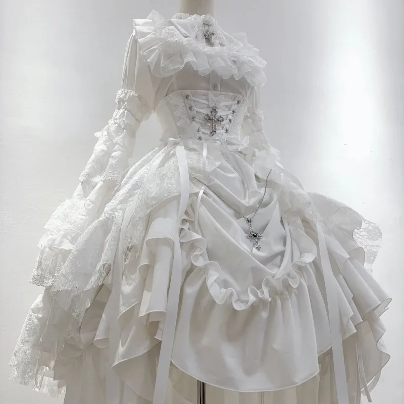 

Новинка 2026: Японский и корейский готический комплект из 3 предметов: рубашка с рукавами, юбка с высокой талией и плиссировкой, кружевной бант, стиль Лолита Y2K