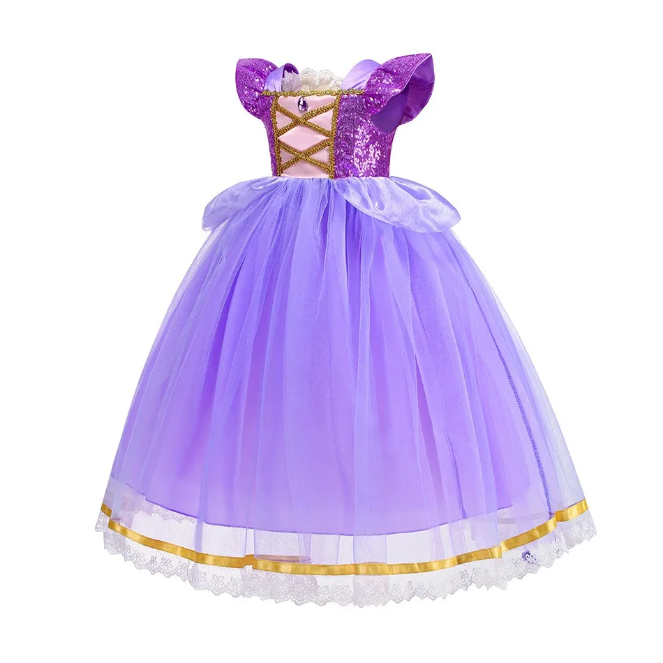 Rapunzel Purple Short Sleeves Tutu Skirt Lace Color Led  Dress Cartoon Role Play Costume Kids Halloween Party Ball Gown