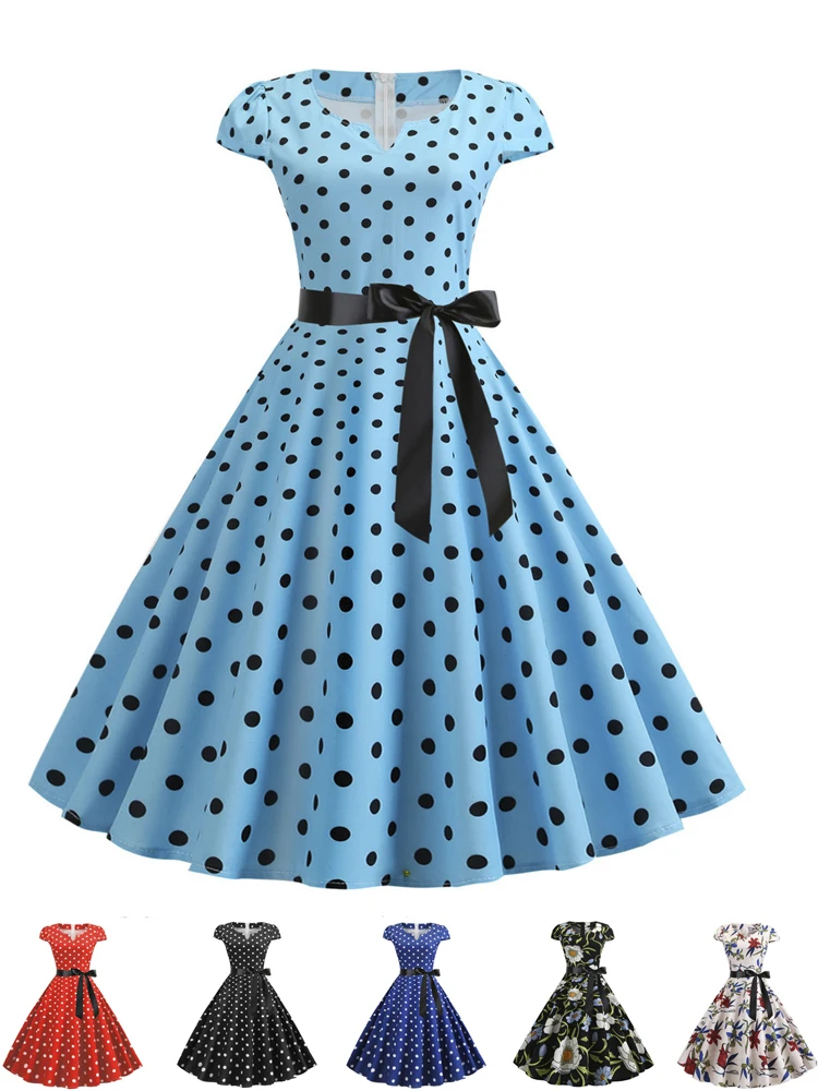 2024 Robe Women Vintage Polka Dot Summer Dresses Short Sleeve Pinup Print Retro 50s 60s Rockabilly Party Sundress Vestido A-Line