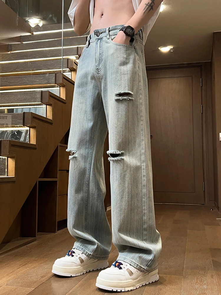 

Ретро-джинсы с американским бамбуковым узором, рваные, мужские, летние, тонкие, свободного кроя, прямые, молодежные, модные, износостойкие