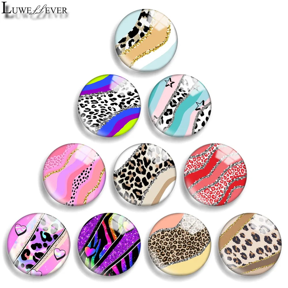 12mm 10mm 20mm 25mm 30mm 40mm 838 Leopard Print Mix Round Glass Cabochon Jewelry Finding 18mm Snap Button Charm Bracelet