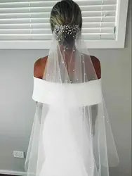 TOPQUEEN Elegante Perlen Braut Schleier Weiche 1 Tier Perlen Hochzeit Schleier für Braut Einfache Kathedrale Länge Schleier mit Kamm v180