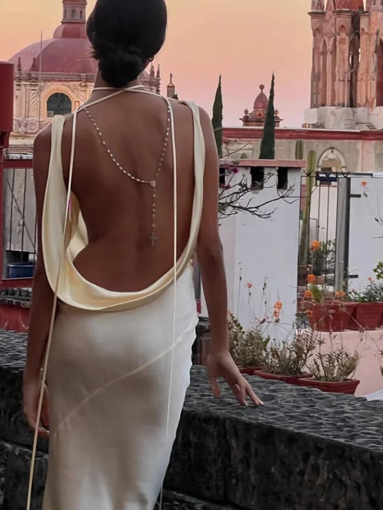 Sisterlinda letnia elegancka seksowna sukienka Maxi z odkrytymi plecami damska bez rękawów dekolt w serek zasznurować Bodycon wakacje odzież klubowa Lady Vestido