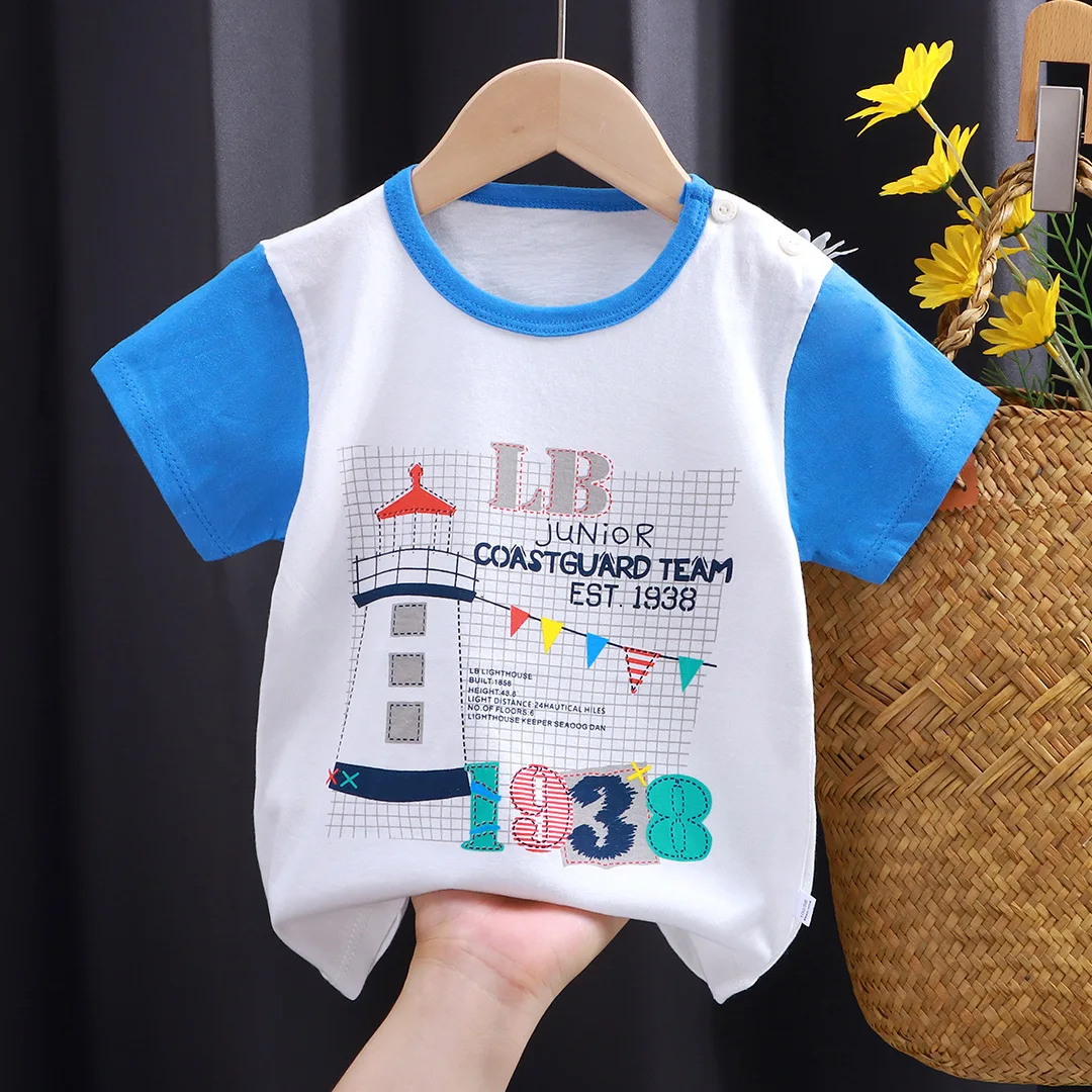 Kids Clothes  T-Shirt Children\'s Clothing Boys Girls Summer Cartoon Tops Short Sleeve Clothes 100% Cotton Blue Excavator Cartoon