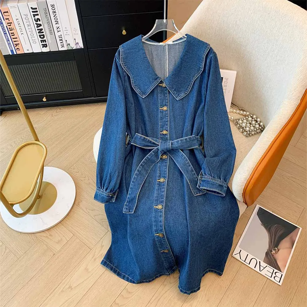 Primavera e autunno nuove taglie forti da donna francese retrò colletto da bambola abito in denim camicia a maniche lunghe a vita gonna di media