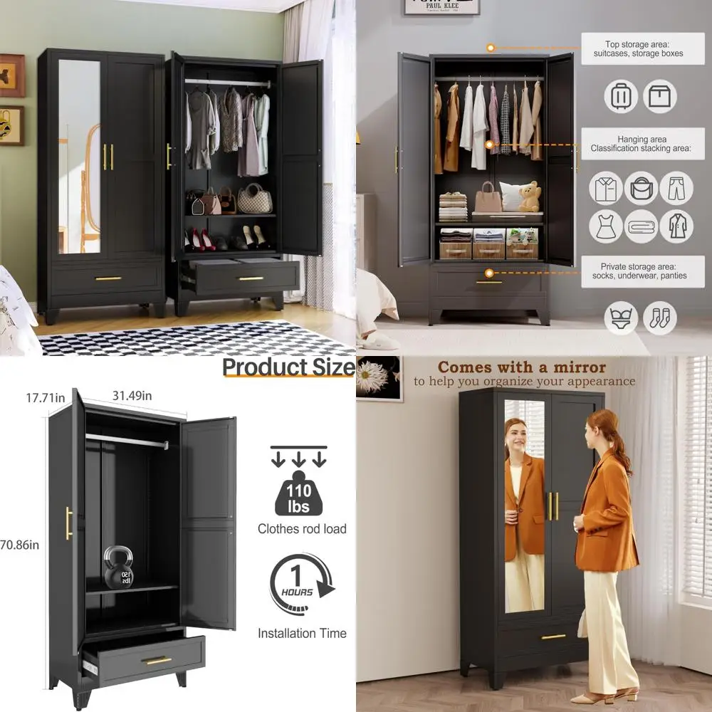 خزانة ملابس معدنية طويلة مع مرآة ودرج وأرفف قابلة للتعديل وقضيب تعليق لغرفة النوم #1