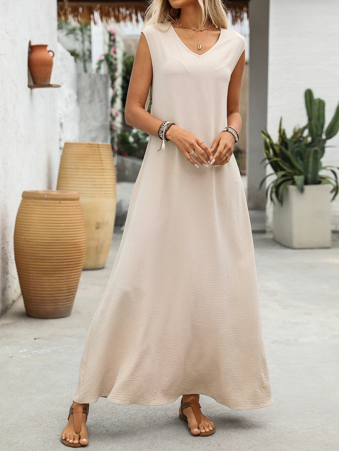 Boho-Maxikleid für Damen, ärmelloses, fließendes langes Kleid mit V-Ausschnitt, bequeme, lockere Passform für den täglichen Gebrauch und Urlaub