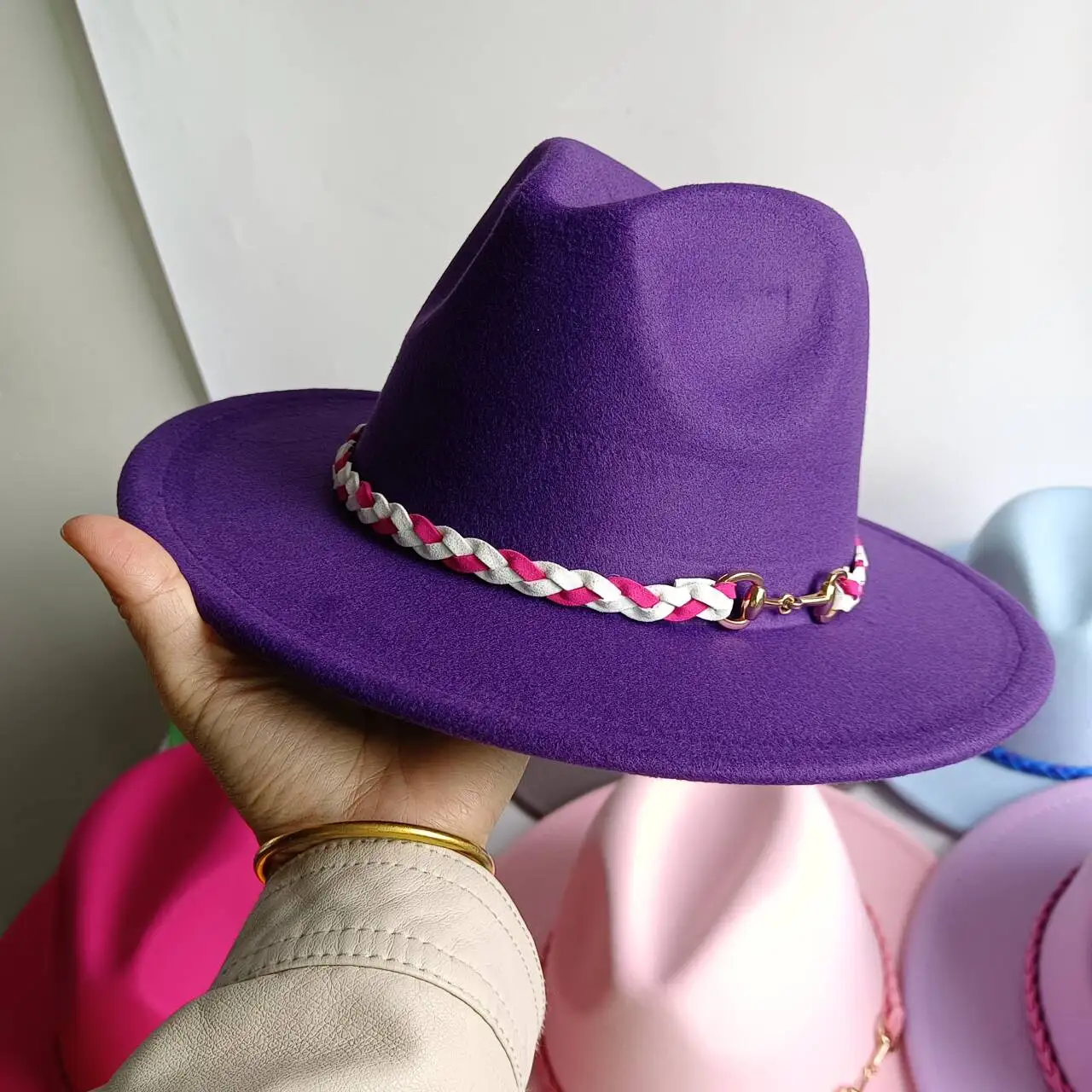 Dark purple fedora hat new autumn and winter three-strand rope metal buckle classic jazz hat church hat