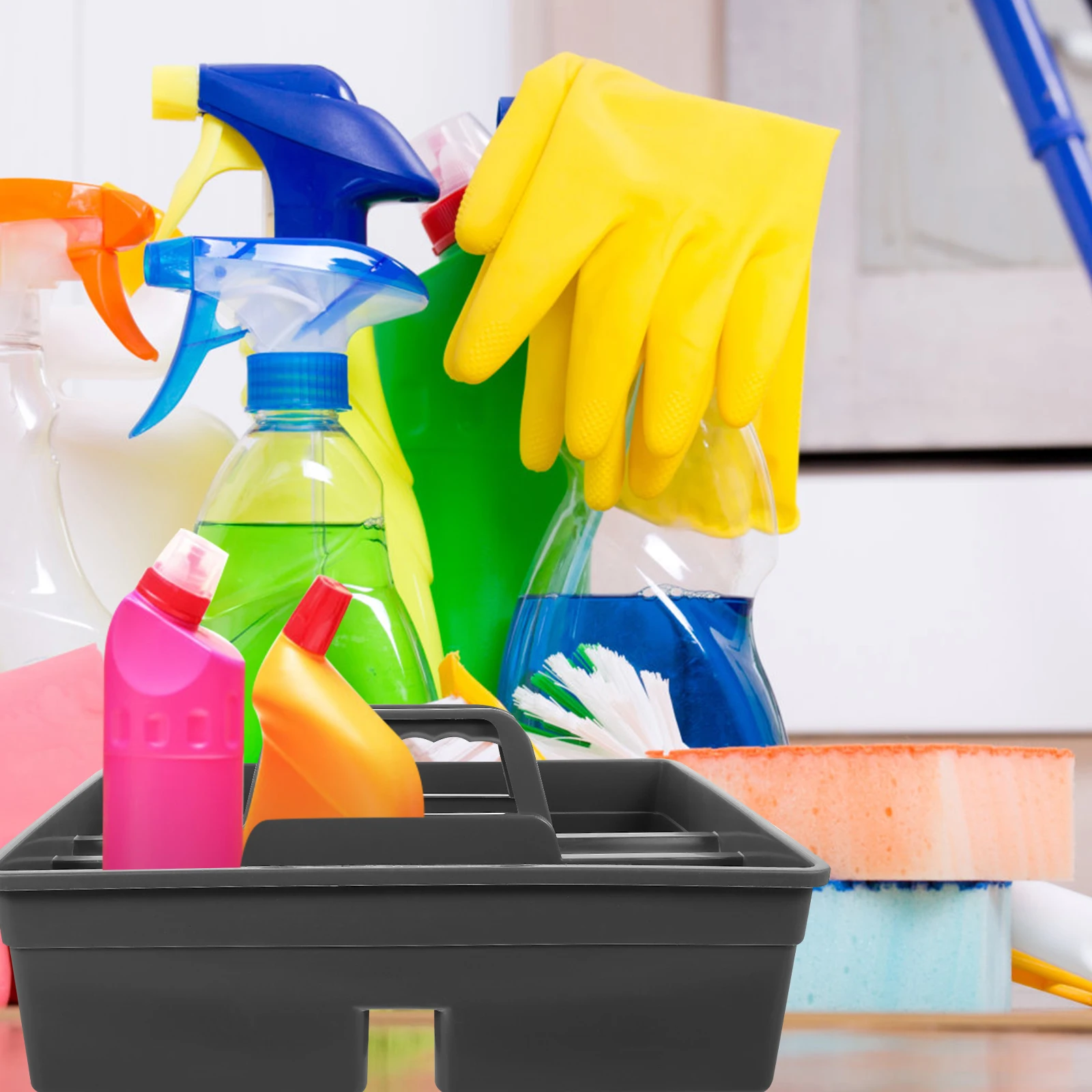 

Portable Cleaning Caddy Tool Box Gray Color Kitchen Bath Trash Bag Holder ganizer Storage Solution Polypropylene