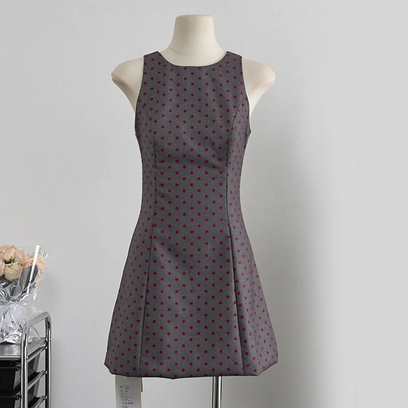 

Retro polka dot dress, spring/summer women's waistband vest skirt, sleeveless short dress vestidos de verano mujer 2024