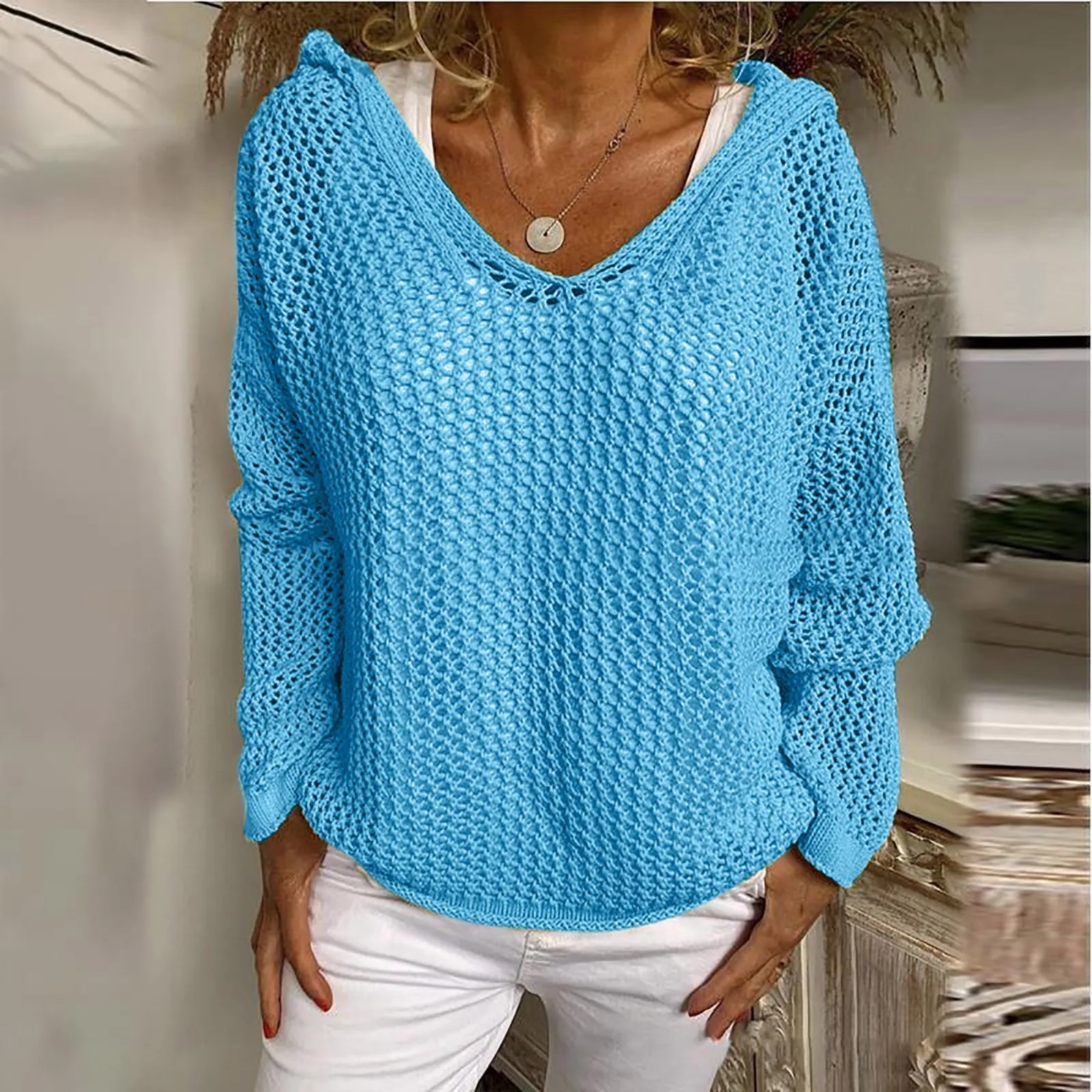 Suéter de manga larga con cuello redondo para mujer, Jersey de punto de Color sólido, suelto e informal, Top fino, novedad de otoño e invierno, 2024