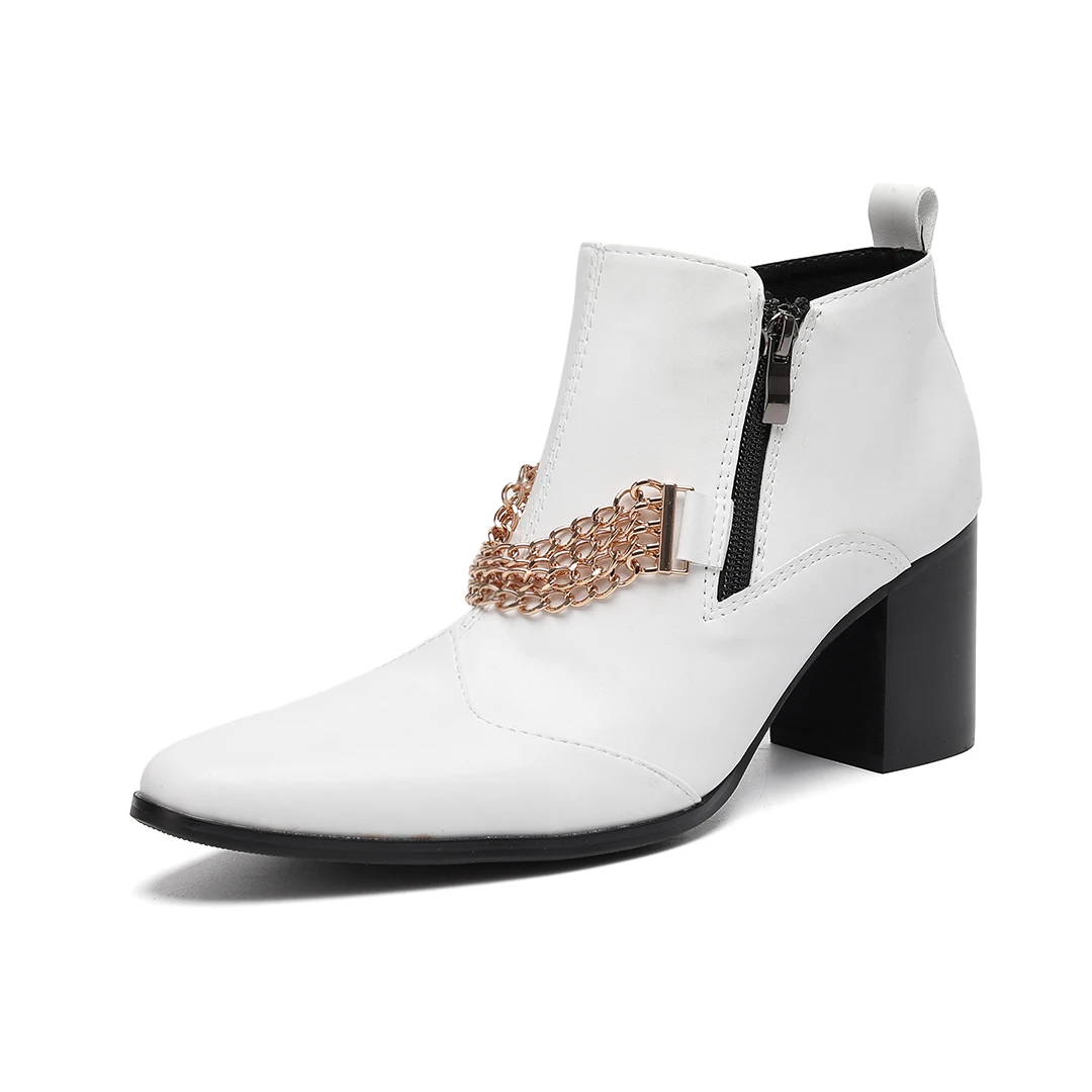 

Botas Fashion White Chains Real Leather Men High Heel Boots Plus Size Drag Show Footwear Pointed Toe Zipper Party Ankle Boots