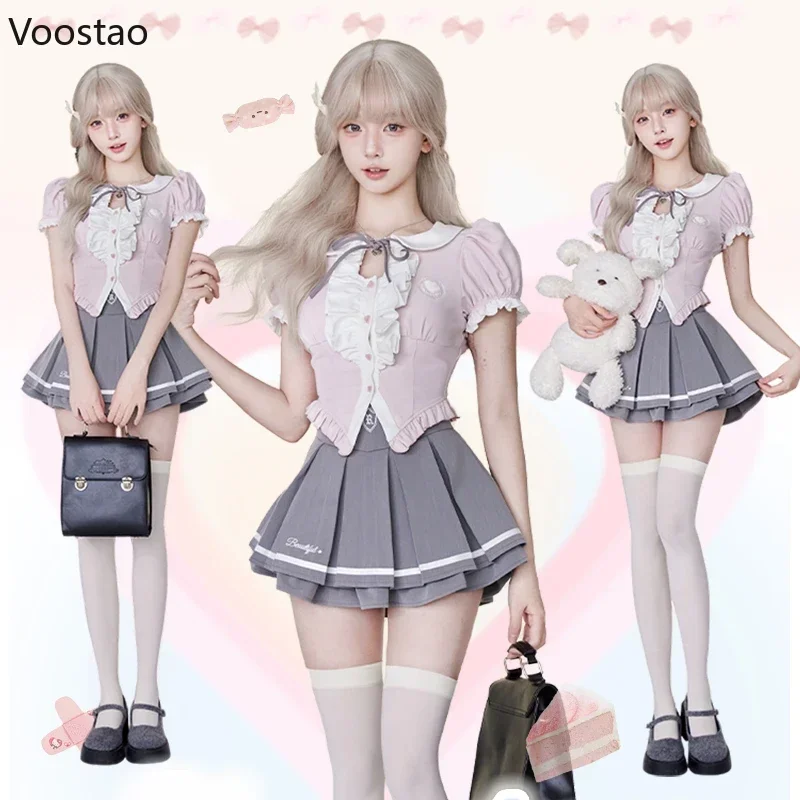 Preppy Style Lolita Skirt Set Women Kawaii Ruffles Peter Pan Collar Shirt Cute Mini Pleated Skirts Suit Female Korean JK Uniform