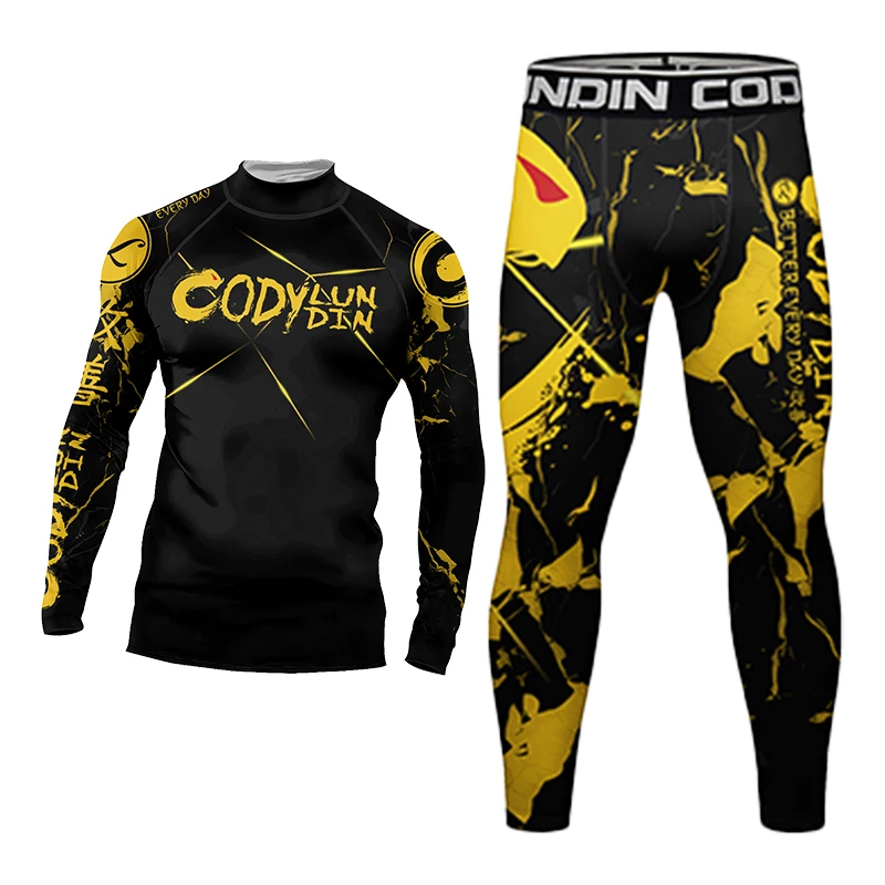 الذهب الأصفر Rashguard MMA تي شيرت + السراويل MMA السراويل 4 قطعة/المجموعة البرازيلي تصارع جيو جيتسو Bjj الملاكمة الفانيلة ضغط مجموعات