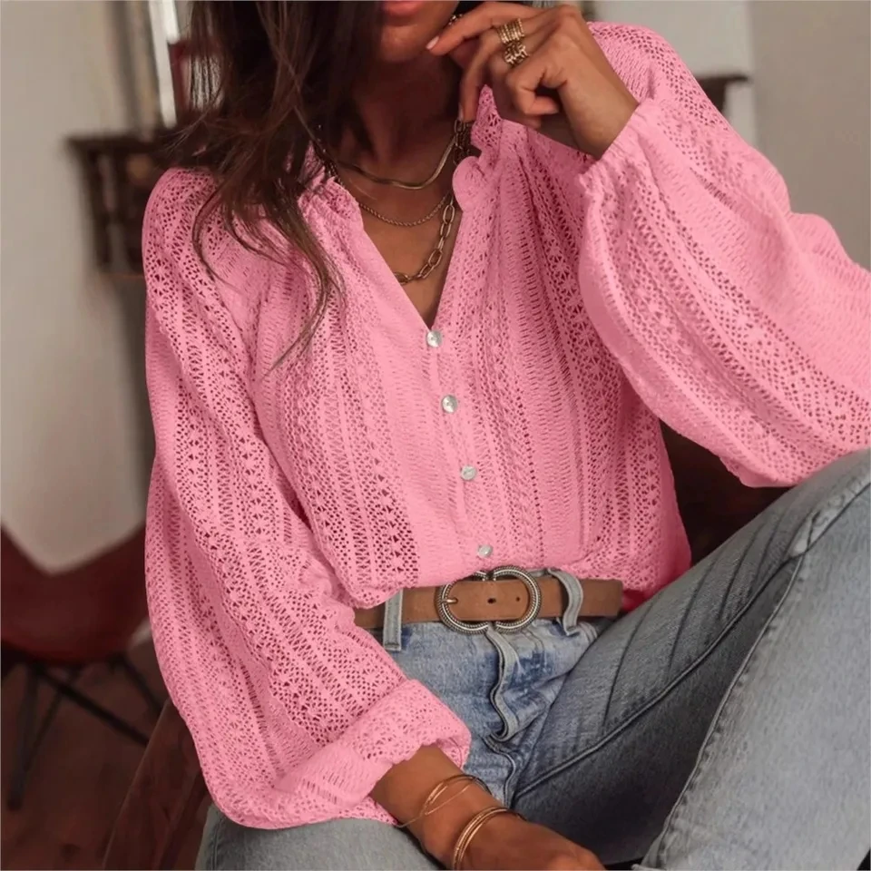 

Fashion Hollowed-out Knitted Loose Women's Tops New Spring Autumn Casual Loose Single-breasted Shirt Versatile Female Top 2025