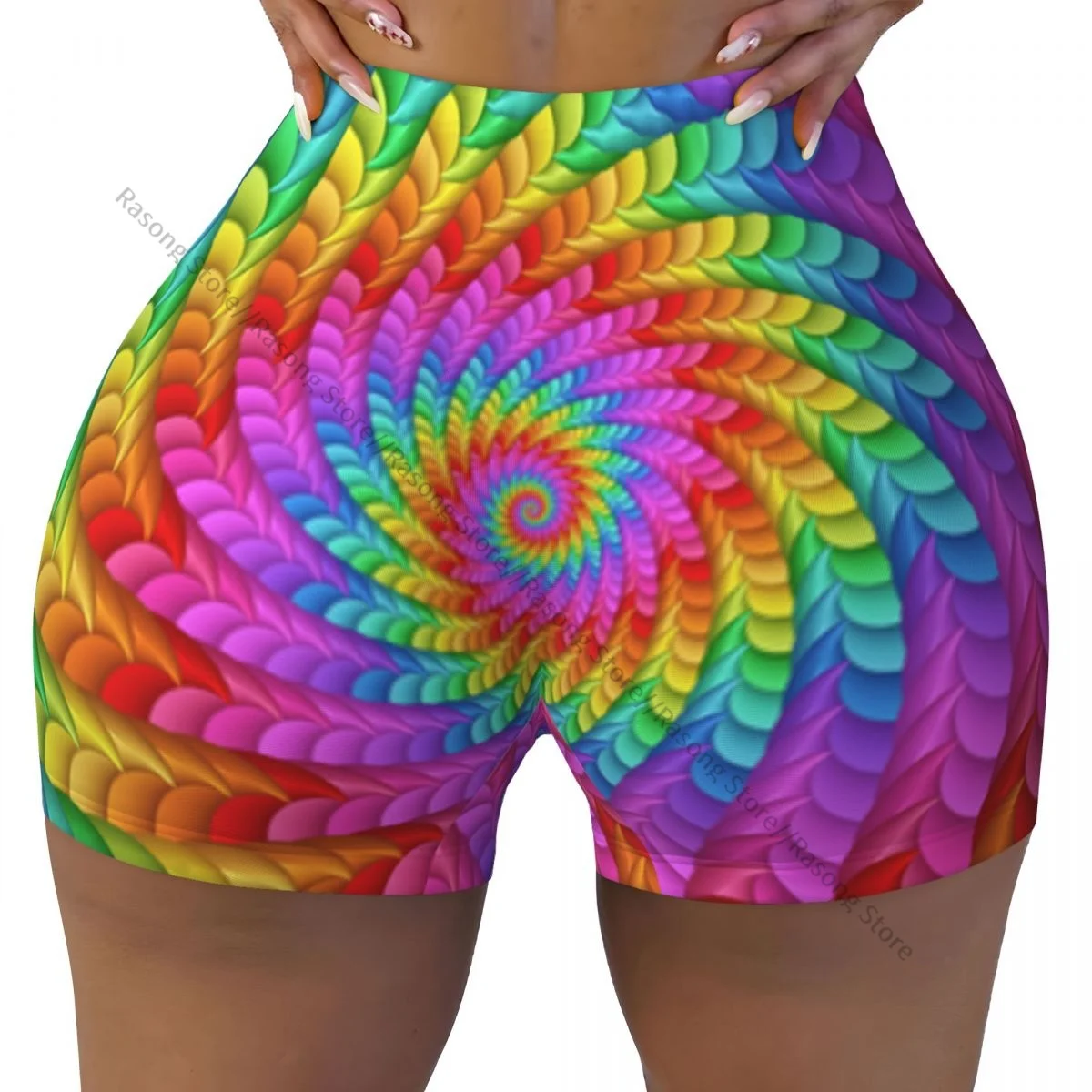 Shorts de ioga feminino psicodélico arco-íris espiral scrunch booty levantamento de bunda conforto fitness academia