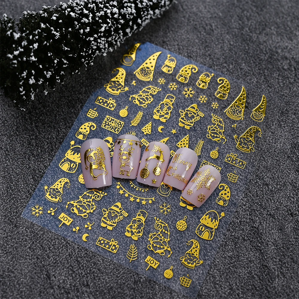 1pc dos desenhos animados bonito papai noel árvore de natal elk decalques de unhas ouro flocos de neve de natal arte do prego adesivos cola traseira decorações de unhas * ^