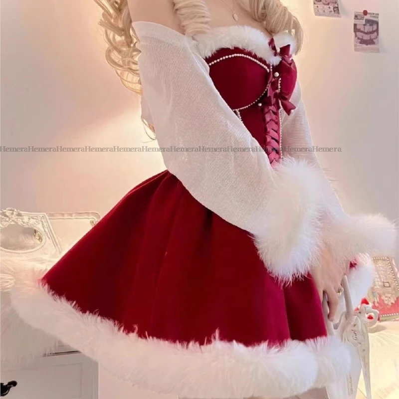 Lovely Christmas New Year Party Red Maid Lolita Dress Kawaii Halloween Make up Princess Skirt XMAS Women Santa Claus Outdit Suit