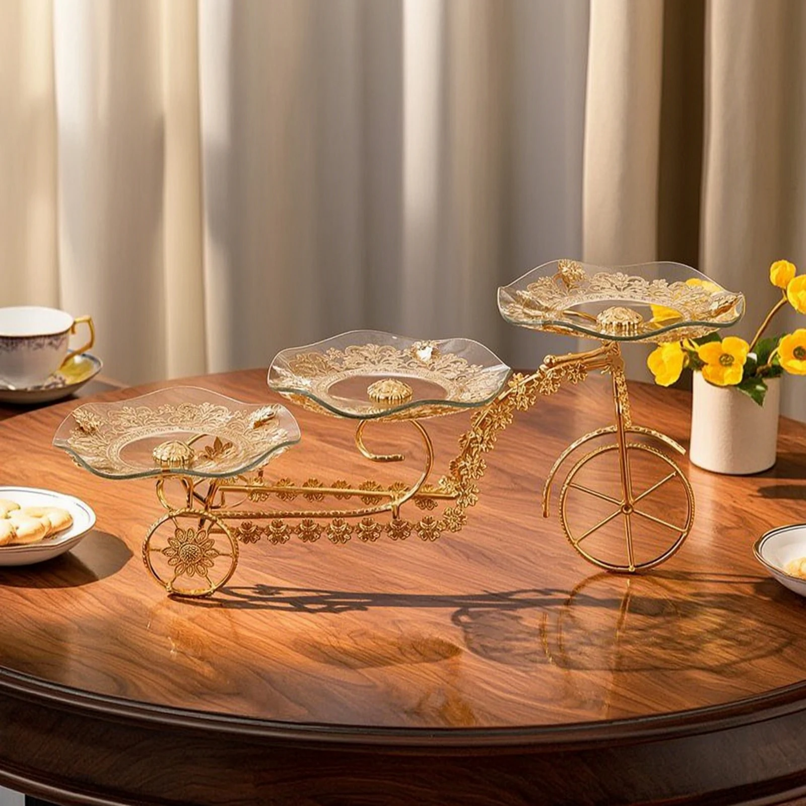 Two-Wheeled Fruit Stand Gold-Tone Fruit Tray with Raised Base Dessert Display Stand European-Style Serving Platter Multi-Tier