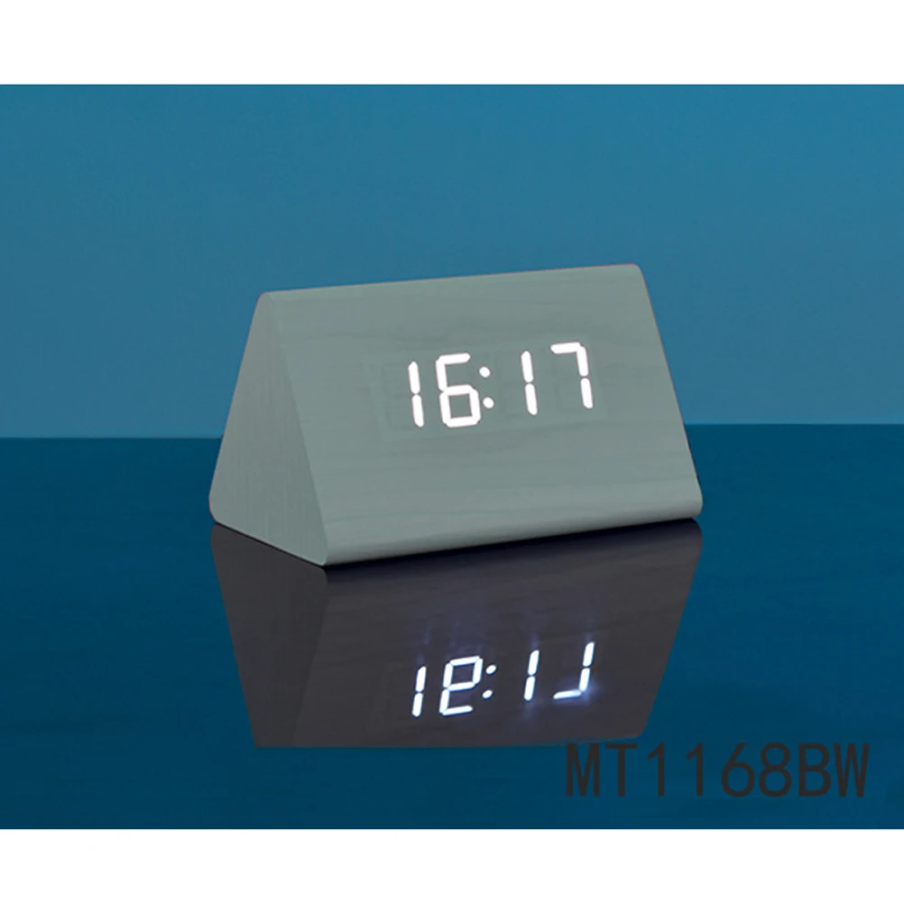 

Modern Triangle LED Wooden Clock Sound Control Digital Display Indoor Temperature Black Wood White Light Home Decoration
