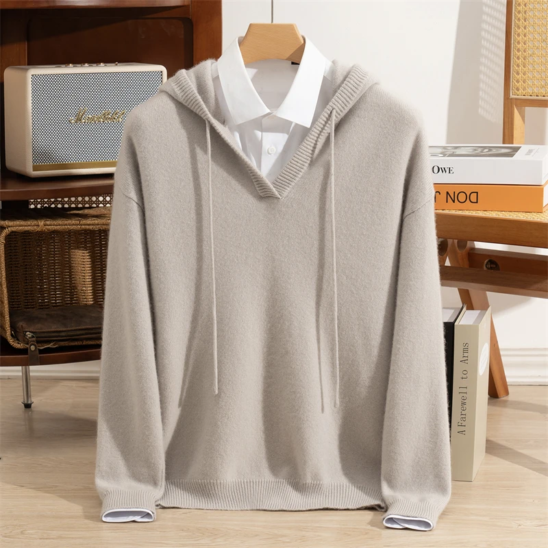 MVLYFLRT Men's 100% Cashmere Knitted Hooded Pullover Sweater Casual Versatile Thick Hood for Autumn Winter Men's Clothing