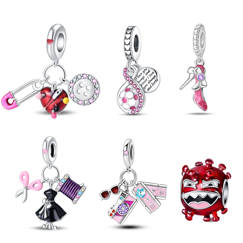Versilberte, rosafarbene Paperclip-High-Heels-Anhänger aus 925er Silber, passend für Original-925-Charms-Armbänder, Perlen, Schmuck, Geschenke für Frauen