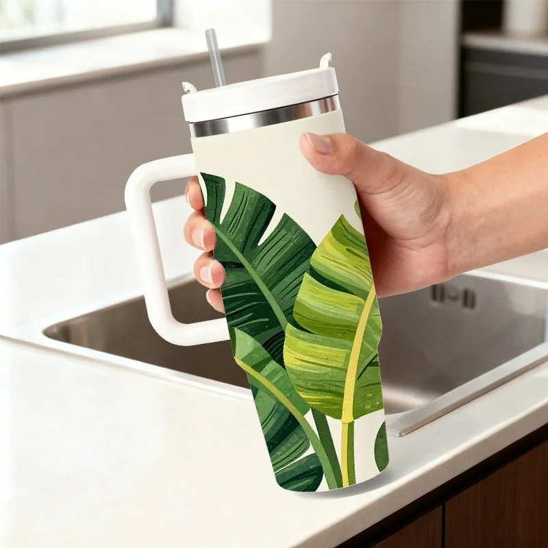 1pc 40 Oz Stainless Steel Sublimation Double Wall Insulated Tumbler with Straw, Stylish Tropical Palm And Banana Leaf Print Travel Mug, 18H Hot 36H Cold, Ideal for Daily Use And Holiday Birthday Gifting for Friends And Family
