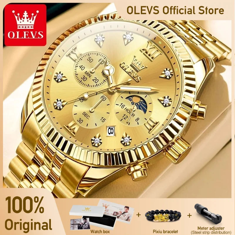 OLEVS 2932 Mens Watch Original Quartz Wristwatch Chronograph Zircon Scale Waterproof Luminous Watches For Men Three Small Dial