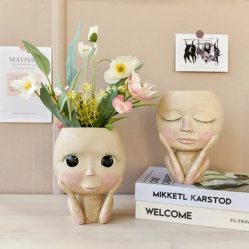 

Nordic Creative Resin Human Head Vase Art Flowers Arrangement Doll Sculpture Flower Potted Plant Home Garden Decoration
