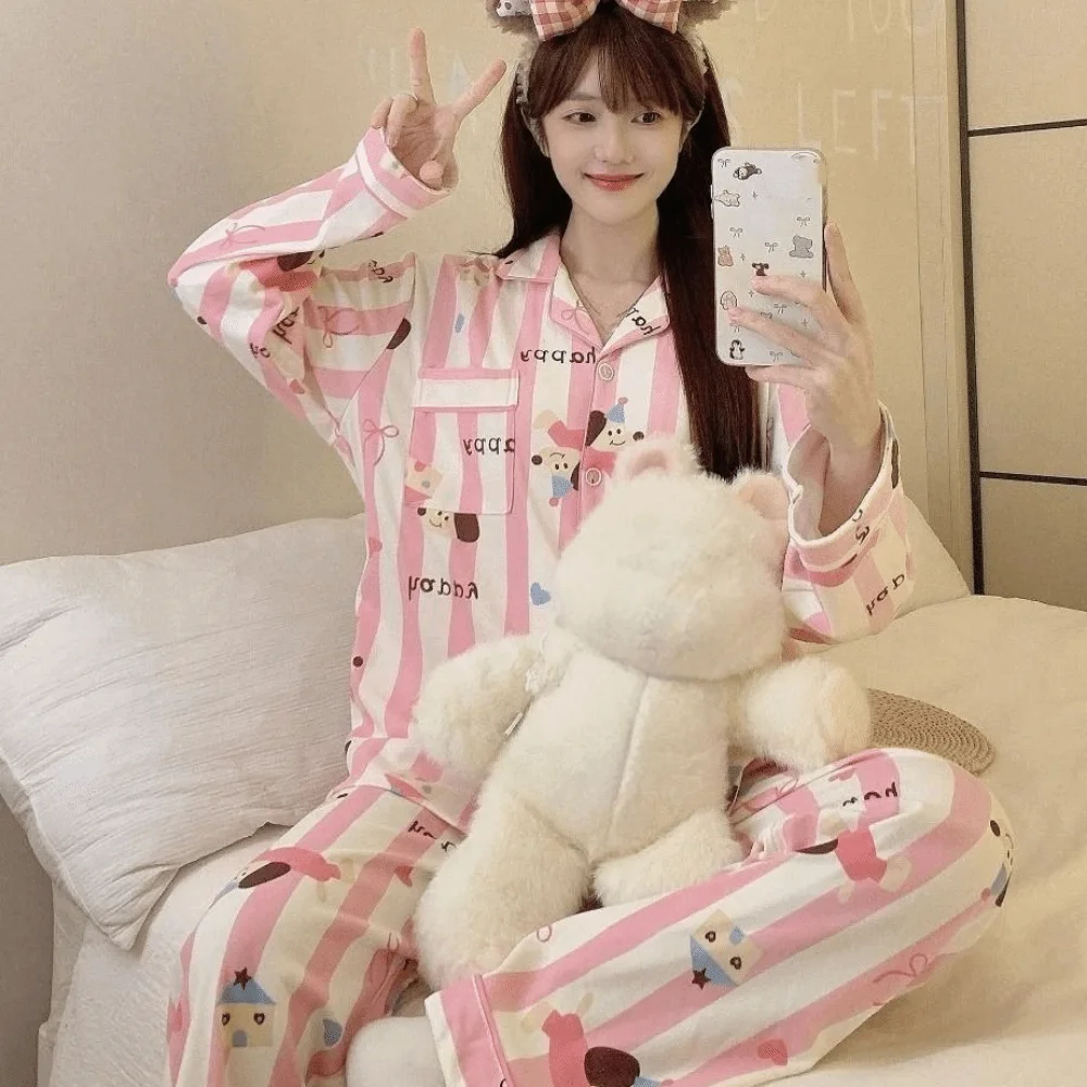 

Comfortable Flip Collar Stripe Pajamas Set Dog Penguin Sweet Pajamas Suit Casual Loose Long Sleeves Pajamas Autumn Spring