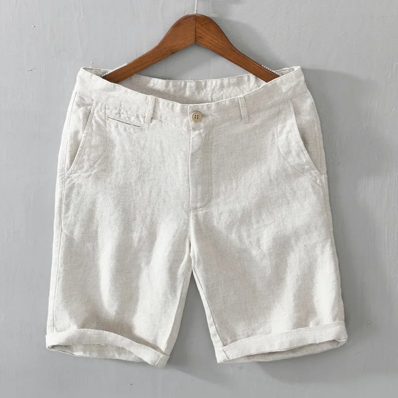 Calças Curtas Casuais de Linho Puro Respirável e Leve para o Verão, Calças de Aodão e Linho para Homens, Calças de Quatro P...