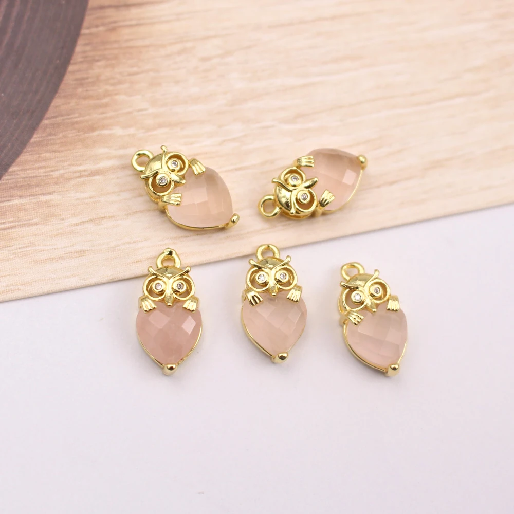 10pcs DIY Jewelry Accessories Owl Shape Natural Labradorite Stone Green Jade Stone Pendant CZ Charms