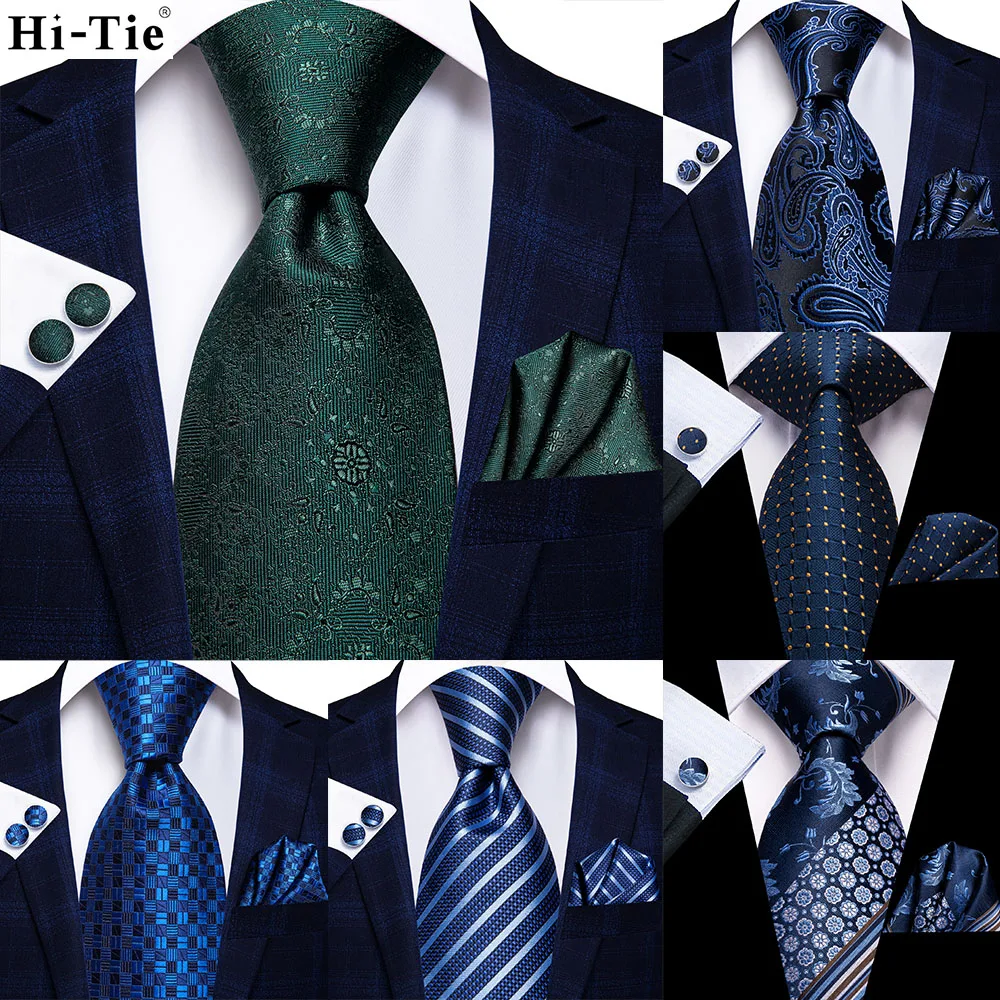 Dark Green Solid 63inch Silk Men Extra Long Ties for Men Woven Classic 160cm Men Necktie Pocket Square Set Cufflinks Hi-Tie