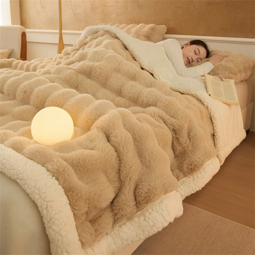 Luxury Bubble Faux Rabbit Fur Blanket Winter Warm Fluffy Double Layer Throws Blankets for Couch Sofa Cozy Soft Plush Bed Blanket