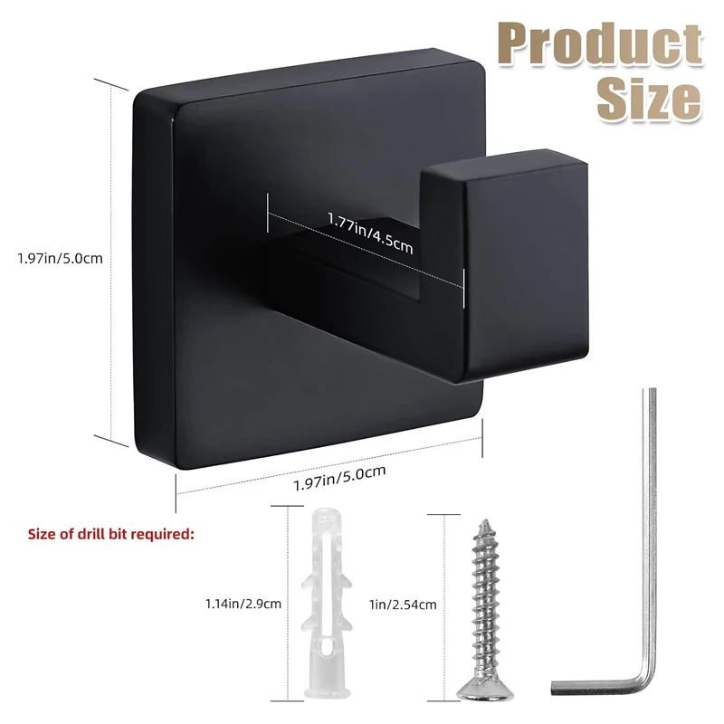 Matte Black Towel Hook Stainless Steel Heavy Duty Wall Mounted Robe Coat Hooks Bathroom Kitchen Closet Square Modern Rack view 2