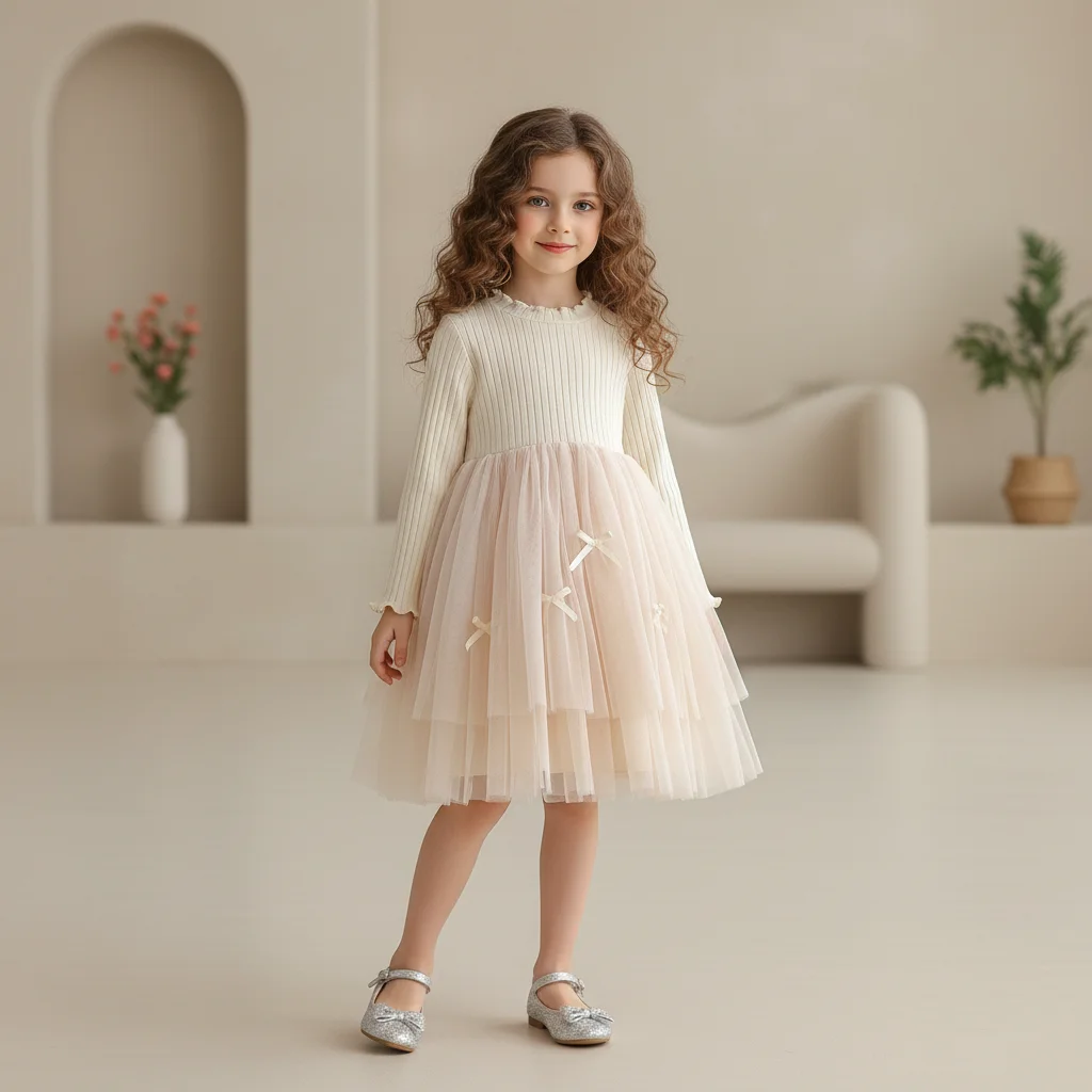 Autumn and Winter Girls' Knitted Long-Sleeve Bow Mesh Dress, Sweet and Comfortable Long-Sleeve Dress for Girls, Very Suitable for Going Out