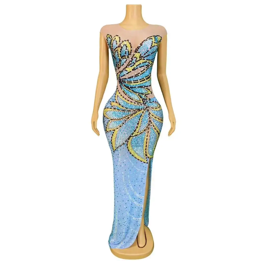 

Fancy Blue Rhinestones Flower Birthday Celebrate Dress Women Evening Prom Gowns Outfit Collection Stretch Costume Fengdie